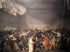 Le serment du jeu de paumes, sous l'égide de Bailly. les député du Tiers état font la promesse d'une constitution nouvelle.